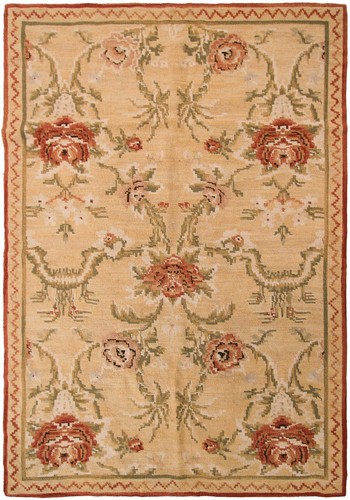 Vintage Tapestry European Needlepoint Beige 4x6 1960 Allover Geometric Rug