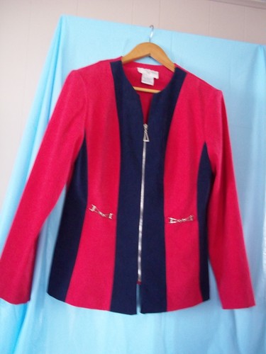 Casual Corner SLIMMING Sz 10 Full Zip Blazer Pink/Blue Stripe Velour POLY Blend  - Picture 4 of 6