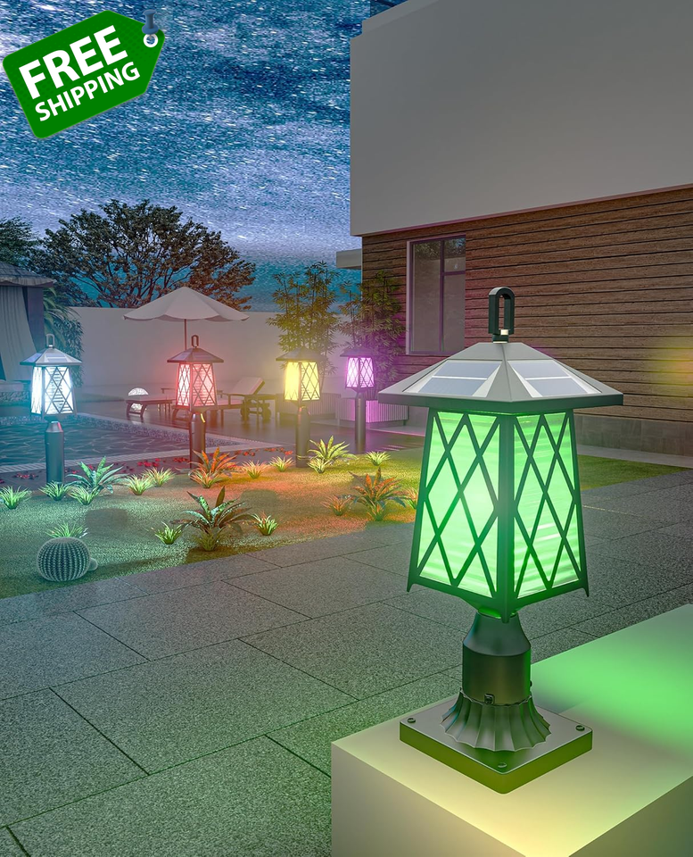 Solar Lamp Post Light, 3500LM RGB Colors Change Solar Pole Light,Dusk