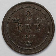 1897 Sweden Bronze 2 Ore KM746