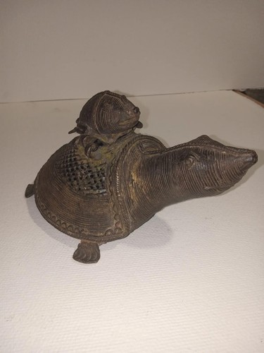 Antique Brass African Storage Box Dorka Turtle Fragrance Box Tobacco Lock Box - Picture 2 of 9