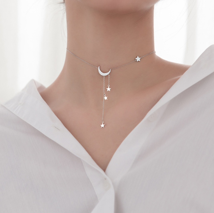 925 Sterling silver Micro Pave CZ Crescent Moon Dangle Star Choker Necklace  PE57