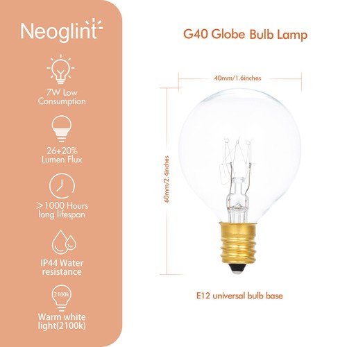 Neoglint AC230V G40 Globe Tungsten Incandescent B ulb 25 P ack E12 M7V3 - Picture 11 of 11