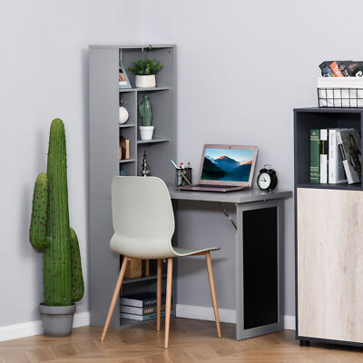 Convertible Desk with Chalkboard & Shelf Multi-Use Computer Workstation, Grey