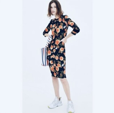 Zara Orange Black Floral Print Fall Midi Bodycon Dress Sz L 3/4 Slv