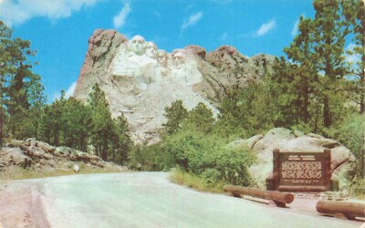 Postcard SD Black Hills Mount Rushmore National Monument Democracy Shrine Sign