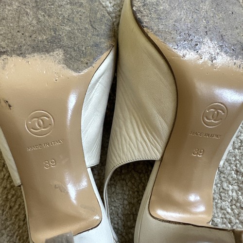 Chanel Tan Leather Sling Back Pointy Toe Heel Size 39 - Picture 9 of 11