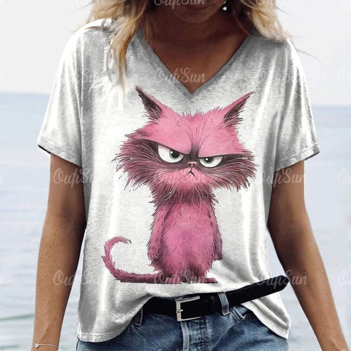 Women’s 3D Cat Print T-Shirt Casual Oversized Tee, Short Sleeve Crew Neck Street - Picture 85 of 124