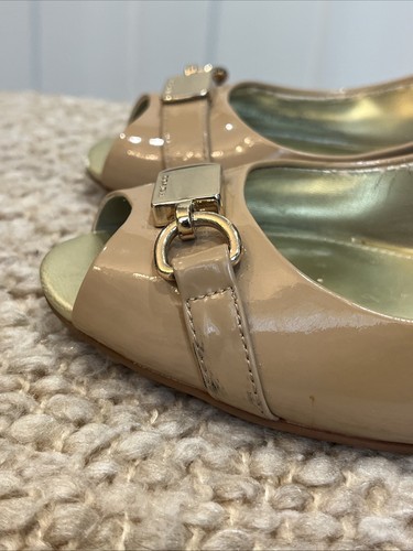 Coach Women’s Temple Patent Peep Toe Wedge Heel Camel Tan Beige Size 8.5 B - Picture 7 of 13