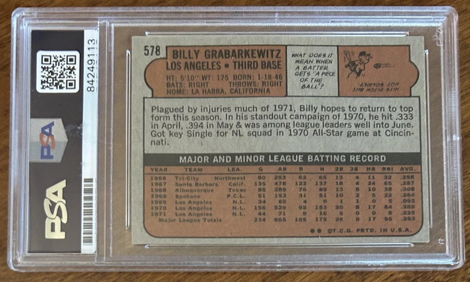 Billy Grabarkewitz 1972 Topps #578 autógrafo firmado Dodgers PSA/DNA automático 9 Foto 3 de 3