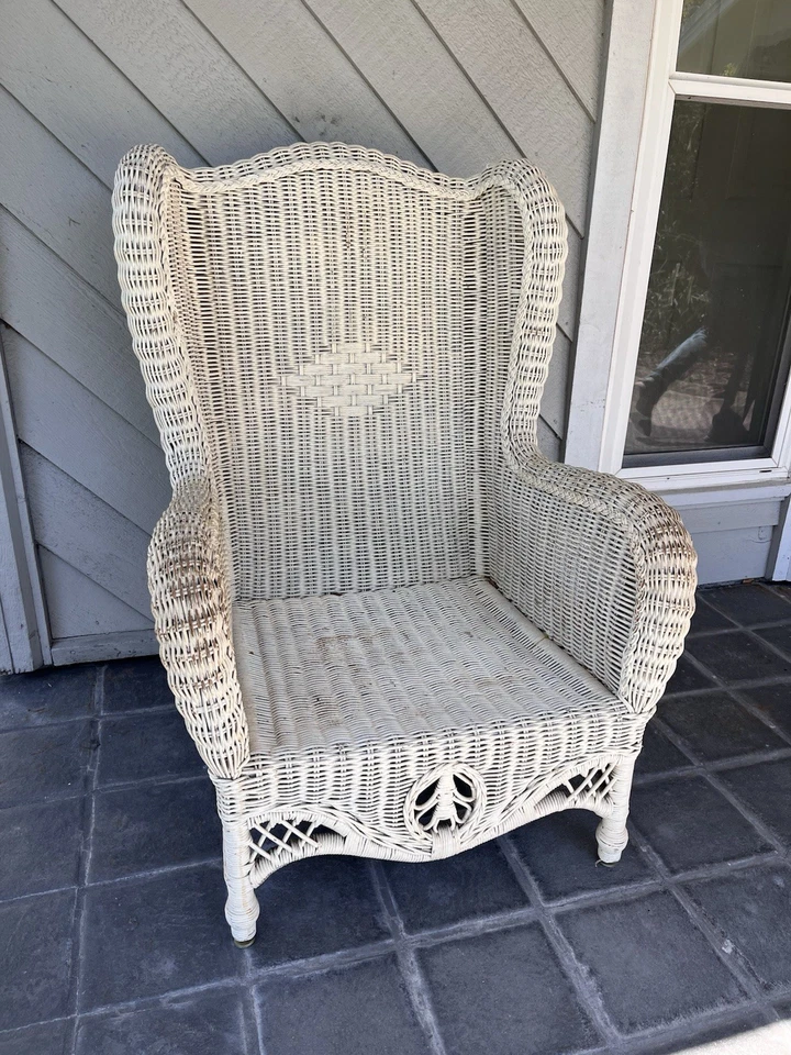 Sillón vintage victoriano Shabby con respaldo de mimbre y ratán Foto 4 de 4