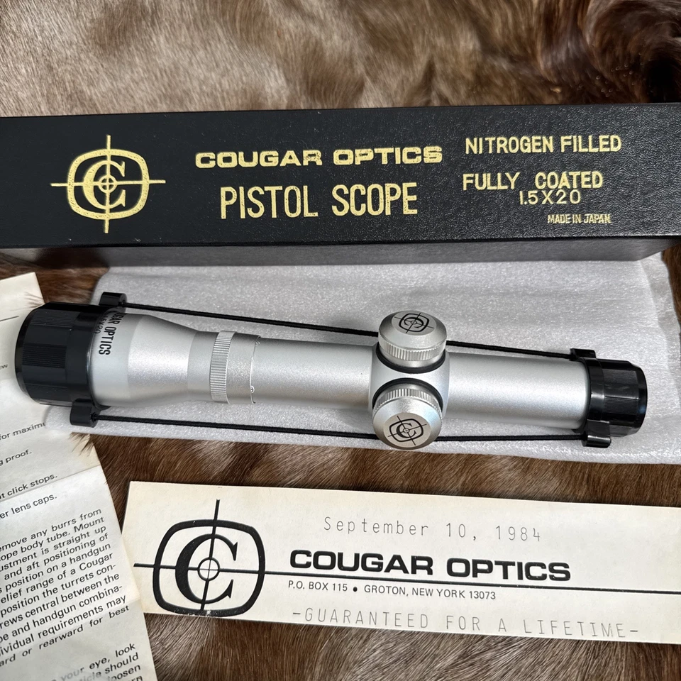 Mira para pistola Cougar Optics 1,5x20 nueva en caja difícil de encontrar plateada caja nueva 1984 Foto 2 de 4