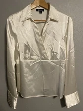 Vintage AB Studio Womens Top Large Cream Satin Babydoll Long Sleeve Career Y2K