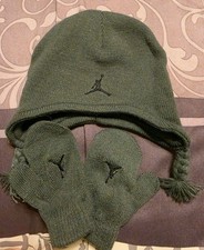 Jordan Boys Grey Knit Beanie Hat and Mittens Set with Logo
