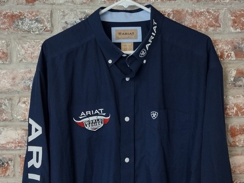 Men's Ariat World Series of Team Roping Rodeo Blue Embroidered Cowboy Shirt XL - Picture 2 of 11