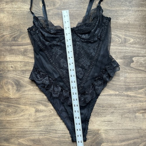 Vtg 80's Emil Bole Large Bodysuit Teddy Lingerie Black Ruffles Lace Trim Hi Cut - Picture 6 of 9