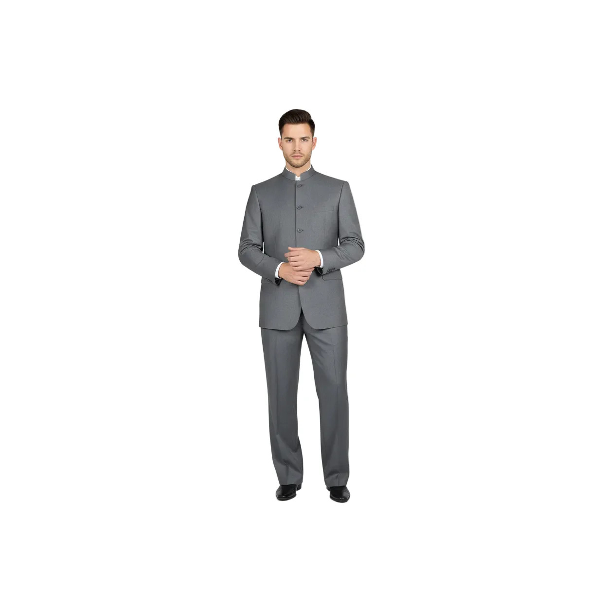 Men Apollo King Banded Collarless suit Mandarin 5 Button Wide leg M5-3 Gray New 29690₽