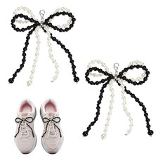 2 Pcs Pearl Bow Shoe Charm Double Butterfly Shoe Decoration, White Black