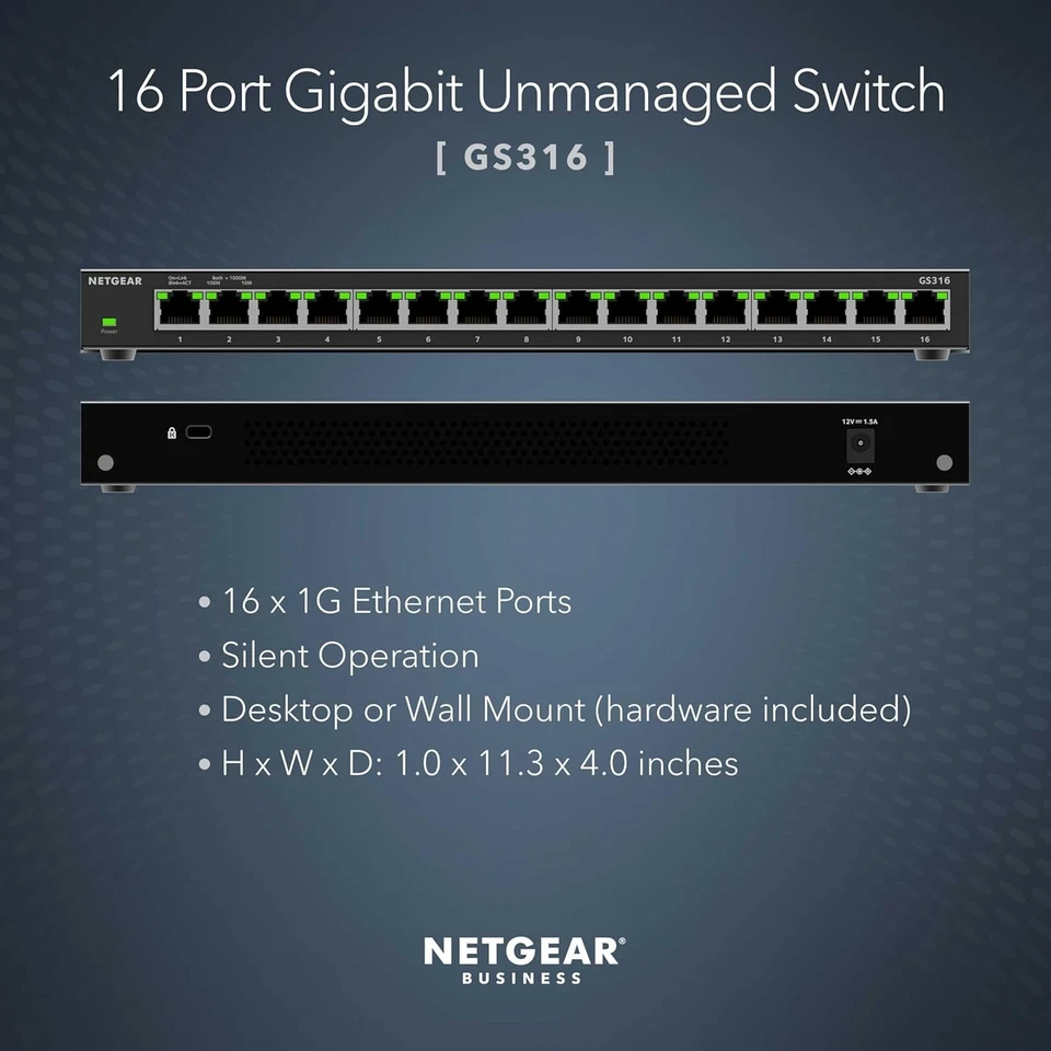 NETGEAR 16-Port Gigabit Ethernet Unmanaged Switch (GS316) - Desktop, Wall, or Ra - Image 2 of 4