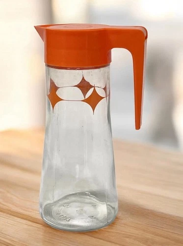 Vtg  MCM Anchor Hocking L-4027 Glass Juice Pitcher Carafe - Orange Flip Lid .T2