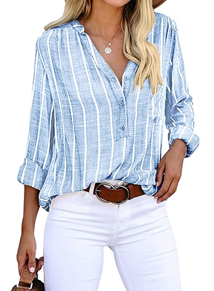 Damen Bluse Langarm Streifen V-Ausschnitt Casual Baumwolle Hemdshirt Elegant-image