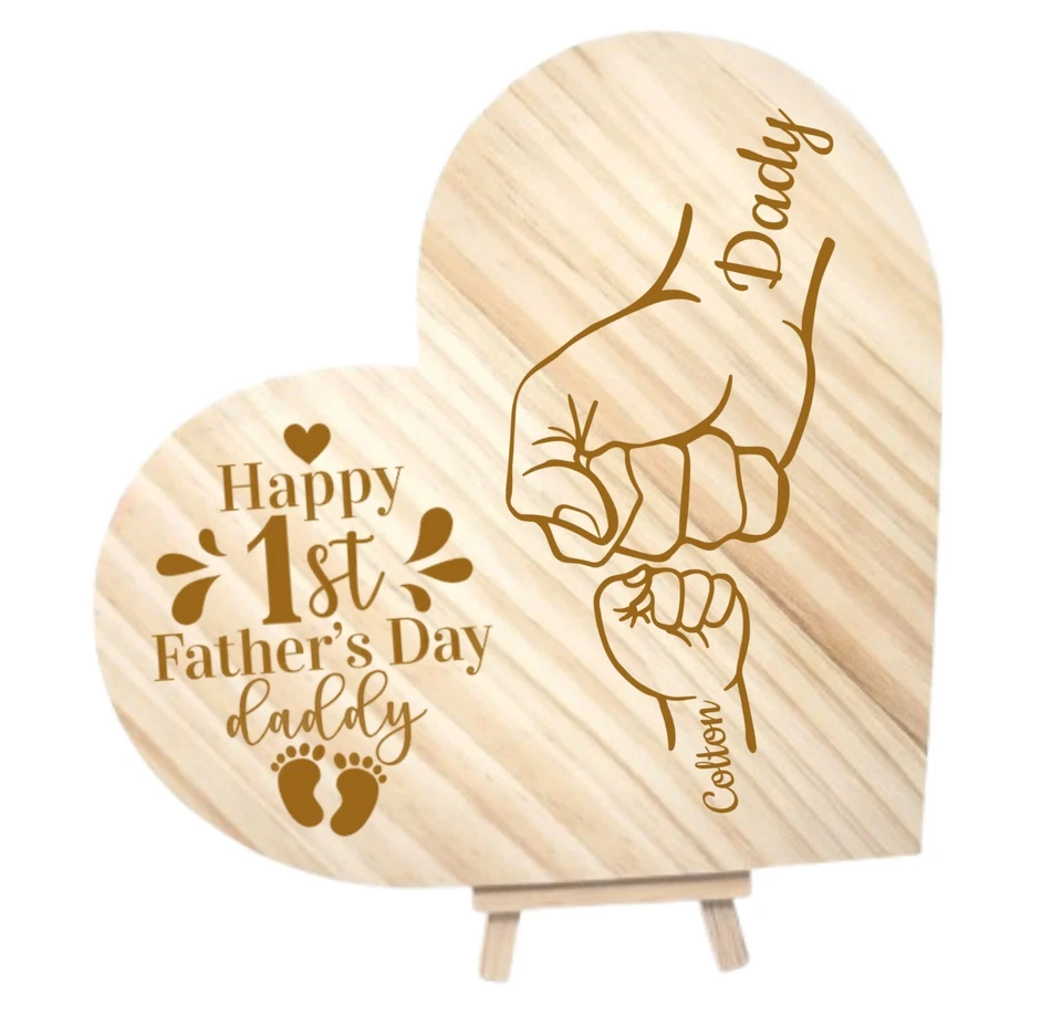 Pesonalized First Fathers Day Heart Wooden Plaque 9" Gift Dad Kid Hand Fist Bump - Image 3 of 4