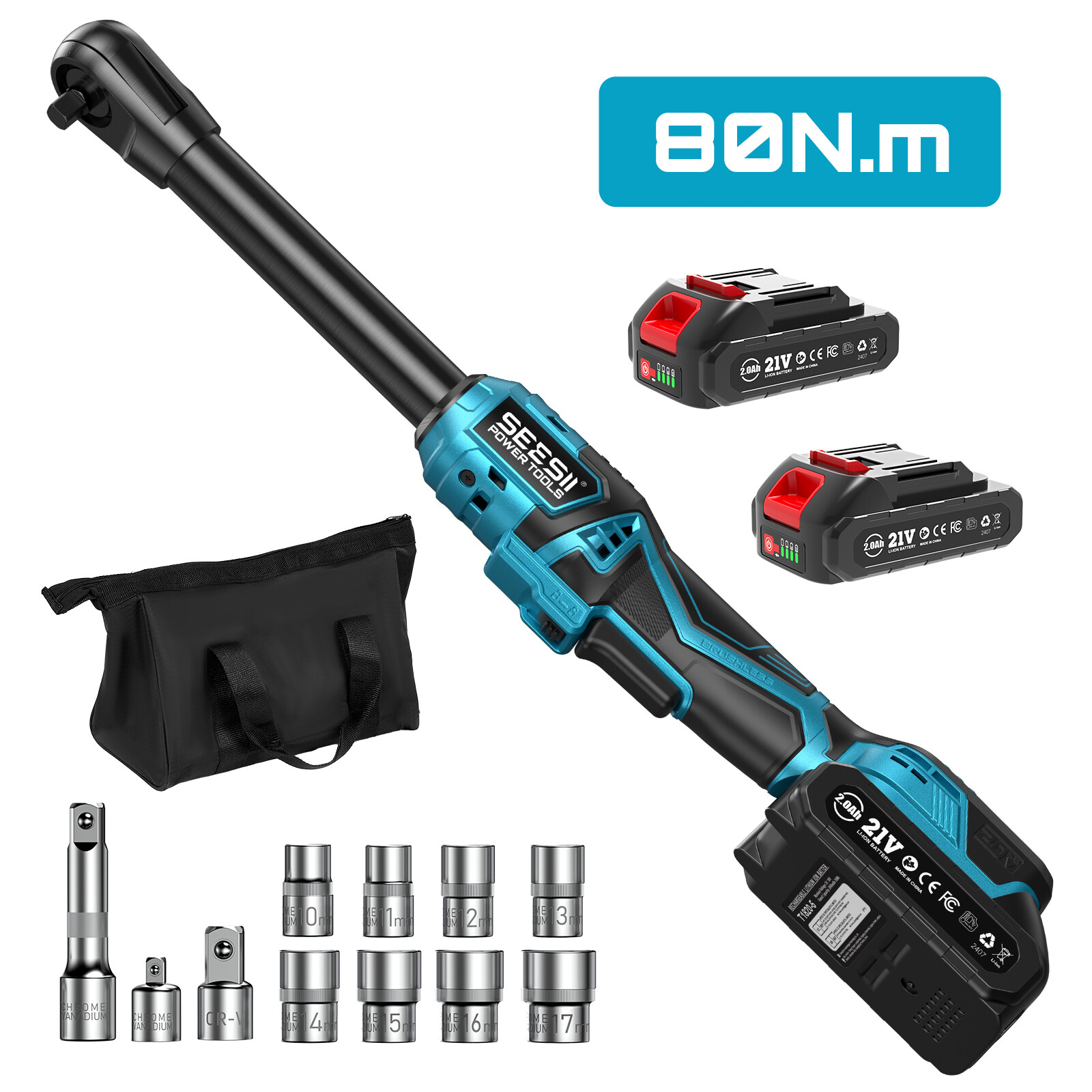 Seesii Cordless 3/8" Right Angle Ratchet Wrench Kit 2*Battery 80NM 59Ft-lbs tool