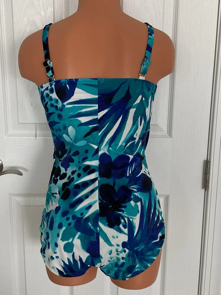 International Concepts 10 蓝色/绿色 Surplice 带软杯 1 件泳装全新带标签 — 第 3/4 张图片