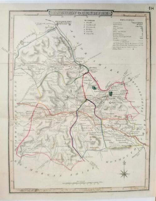 1835; mappa Brecknockshire; Galles; Colorati cento confini; Dugdale/Tallis-