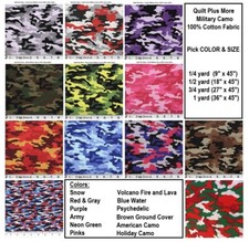 Military Style Camo 100 cotton fabric - Pick SIZE from 12 COLORS