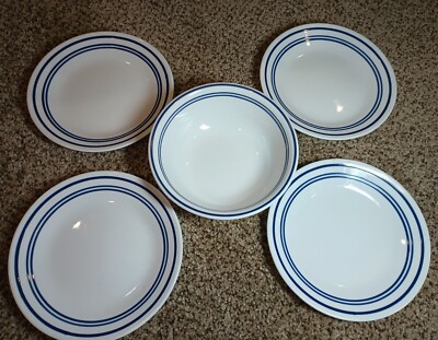Corelle White/ BLUE Strippe Vitrelle 4 Salad/ Bread Plates  & 1 Cereal Bowl