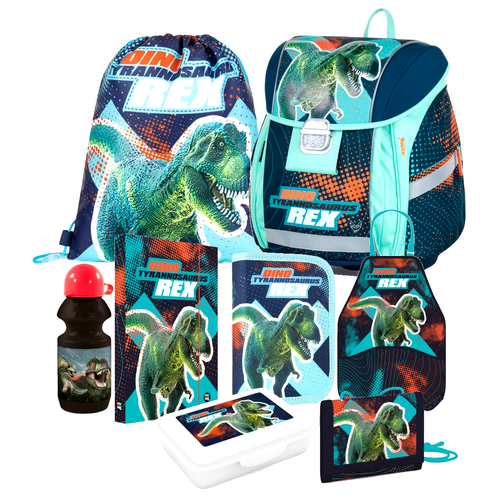 Dinosaurier Schulranzen Set – Mit Tornister, Geldbeutel, Turnbeutel, Federtasche, Brotdose & Trinkflasche
