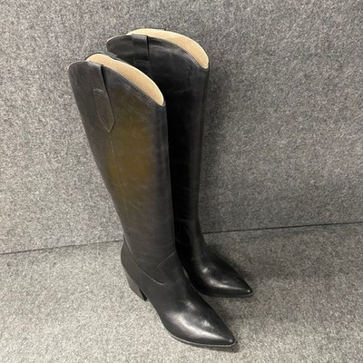 NINE WEST Bromwel Block Heel Leather Boots Women's Size 9 Black