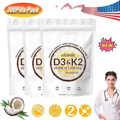 Vitamin D3 10000 iu Plus K2 (MK-7) 200 mcg 300 Virgin Coconut Oil Softgels US