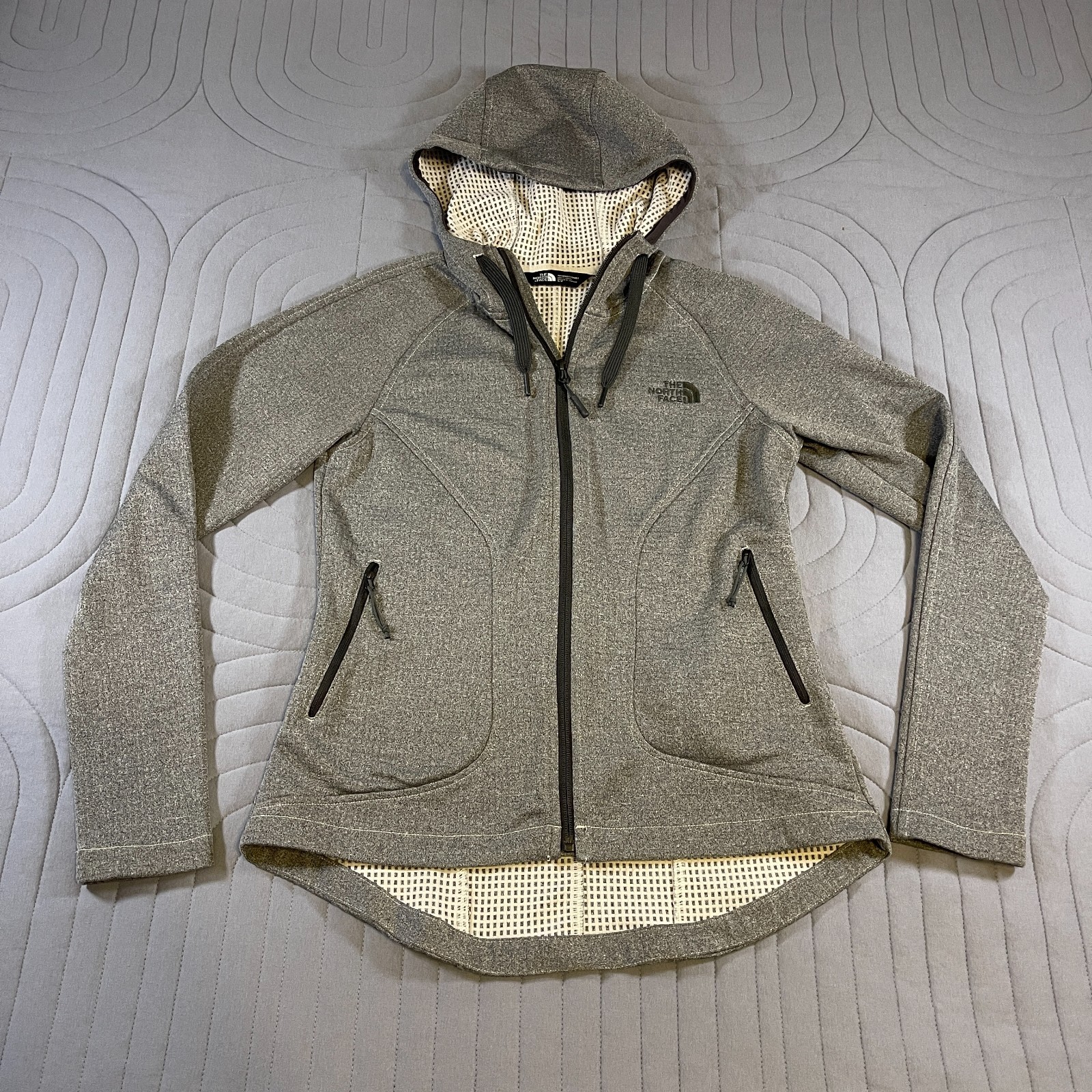 The North Face Women's Thermal Waffle Stretch Hooded Full Zip Jacket L Gray Warm