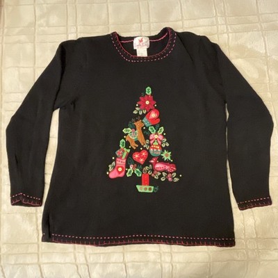 Quacker Factory Womens Black Christmas Tree Sweater Ugly Sequins FLAW