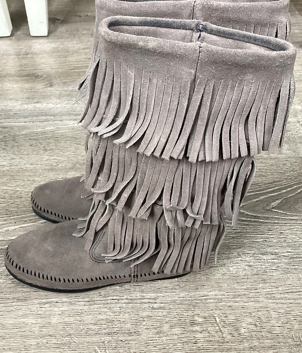 Minnetonka Womens Size Calf Boots Gray Suede Leather Layer
