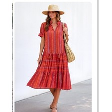 A Piece Apart Red Orange Striped Tiered Midi Dress 4