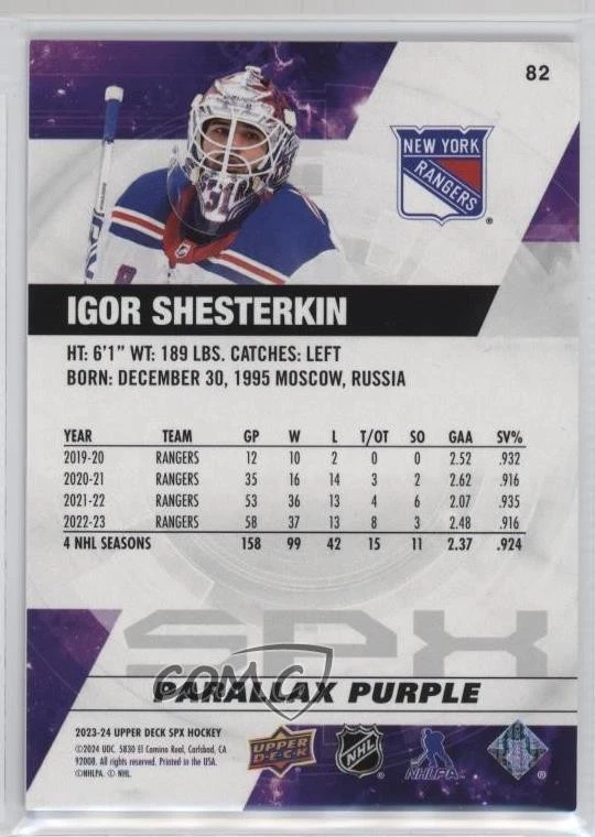 2023-24 SPx Purple Parallax /149 Igor Shesterkin #82 - Image 2 of 2