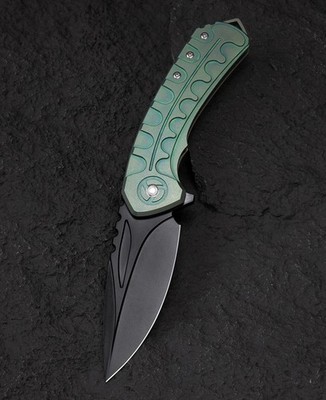 Bestech Buwaya - Green Milled Titanium, M390 Black Drop Point Blade.  BT2203D