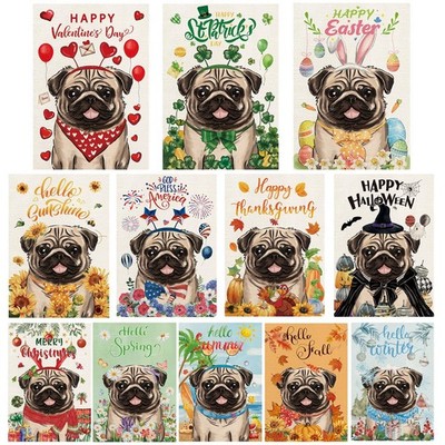 Pug Garden Flags for Outside Set of 12, Dog Welcome Seasonal Garden Flags 12x...