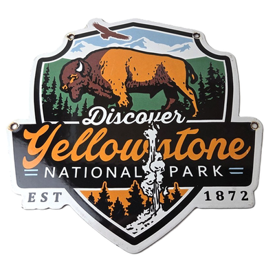 #ad Vintage Yellowstone National Park Porcelain Sign Bison Geyser Shield Sign $117.47