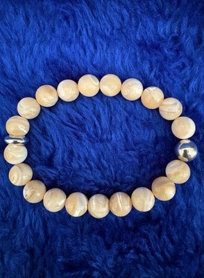 Beautiful Handmade 9mm Shell (MOP) Beaded Bracelet W./ 2x 925 SS Accent Beads