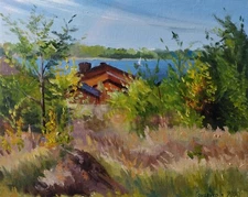 Original Oil Painting landscape Early autumn canvas on fiberboard 10,5 x 13 inch