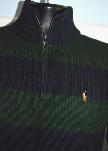 POLO RALPH LAUREN 1/4 ZIP SWEATER STRIPED BOYS XL 18-20 NAVY GREEN LOGO VGC - Picture 3 of 5