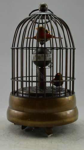 Antique Decorated Old Copper Carved Bird In Cage tick Mechanical Table Clock - Picture 4 of 5