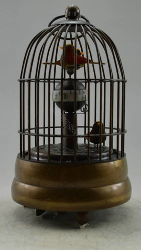 Antique Decorated Old Copper Carved Bird In Cage tick Mechanical Table Clock - Picture 4 of 6