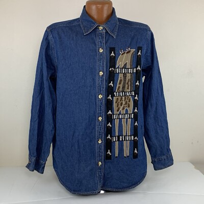 Vintage Kaktus Women s Denim Giraffe Beaded Collar Long Sleeve Large