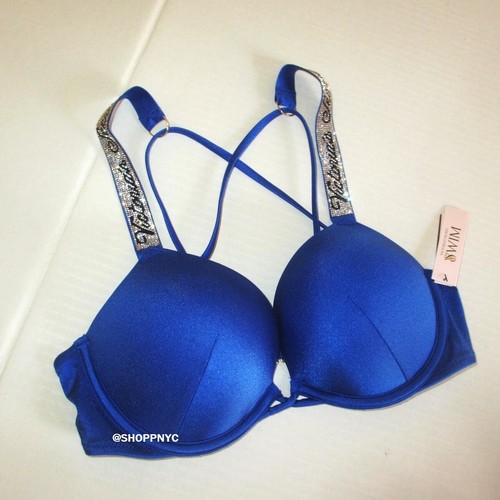 Victoria Secret Swim 38D Shine Strap Bombshell Push Up Bikini Top Add-2-Cup Blue