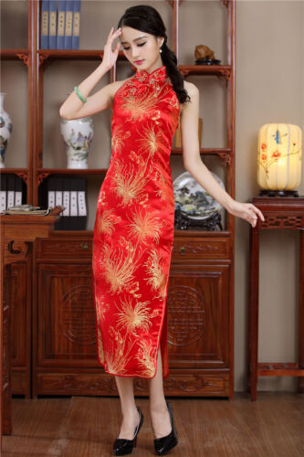 Chinesisches Damen Satin Abendkleid Ball lang Sommer Cheongsam traditionell Qipao - Bild 3 von 9